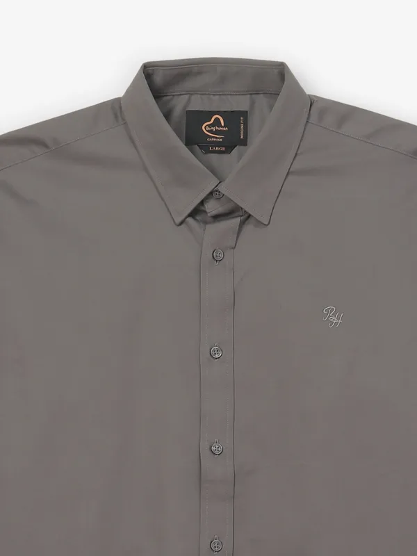 BEING HUMAN solid grey cotton casual wear shirt