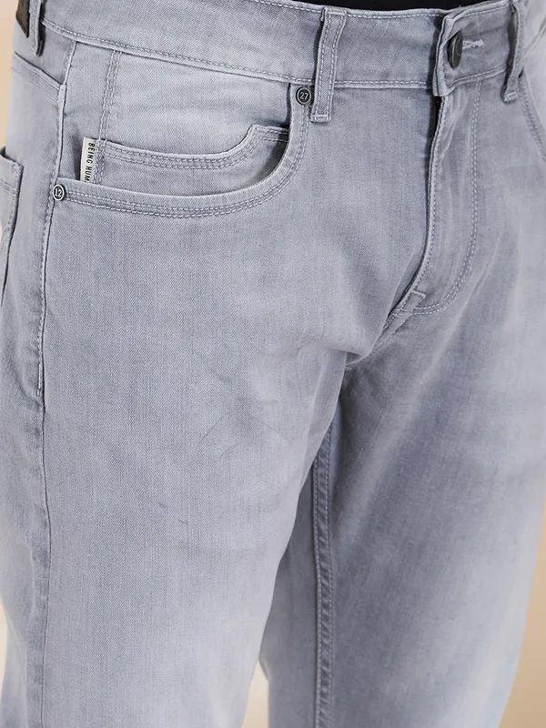 BEING HUMAN solid grey slim tapered jeans for mens