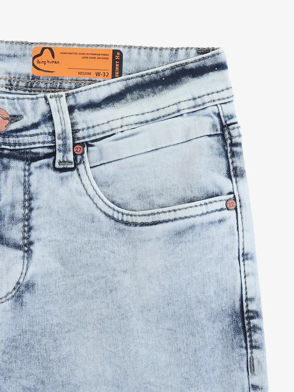 BEING HUMAN solid light blue denim slim fit jeans