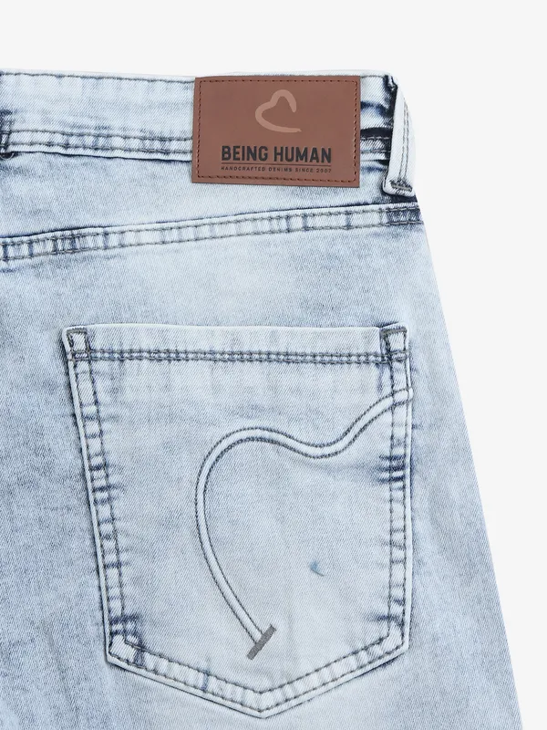 BEING HUMAN solid light blue denim slim fit jeans