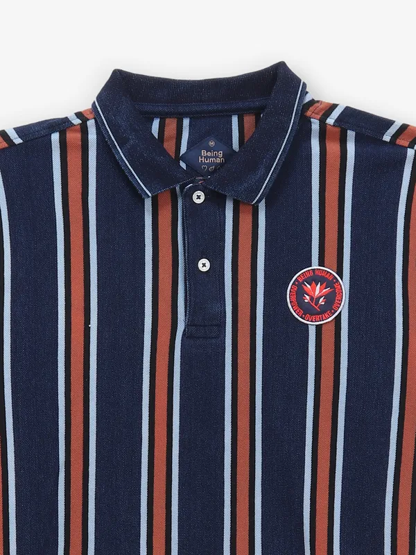 BEING HUMAN striped navy blue cotton t-shirt