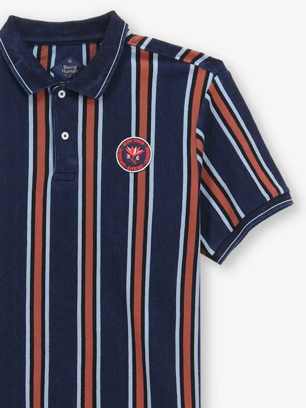 BEING HUMAN striped navy blue cotton t-shirt