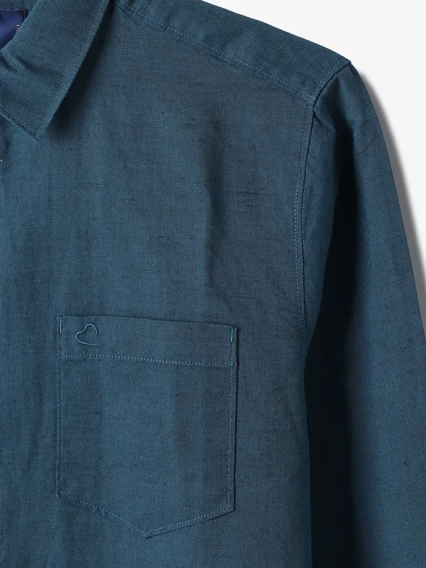 BEING HUMAN teal blue cotton plain shirt