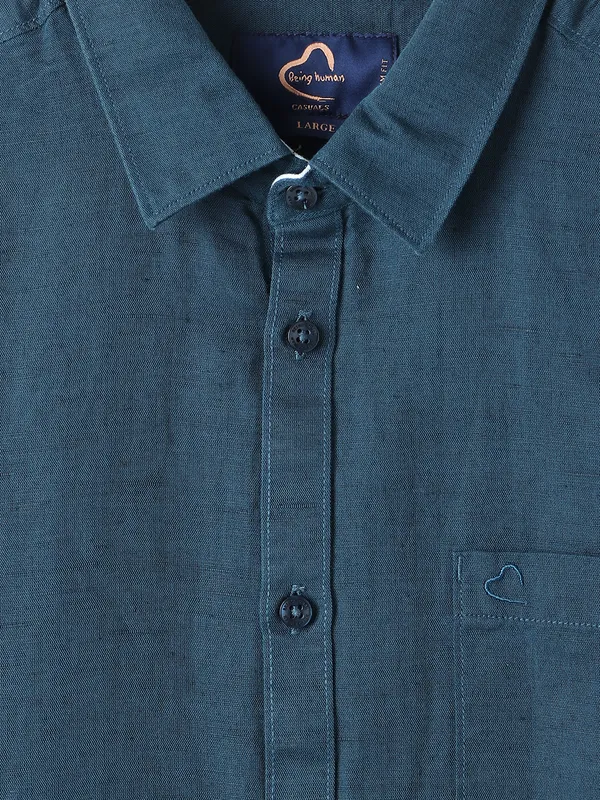 BEING HUMAN teal blue cotton plain shirt