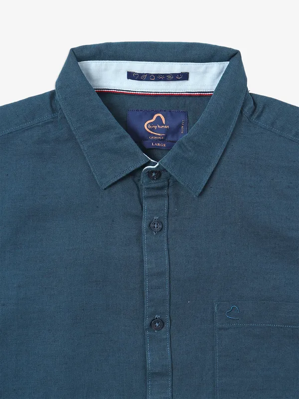 BEING HUMAN teal blue cotton plain shirt