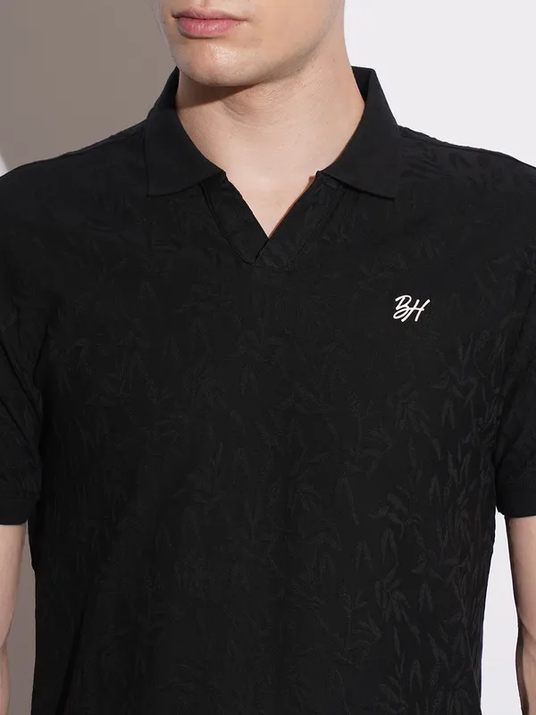 BEING HUMAN textured black slim fit mens polo t-shirt