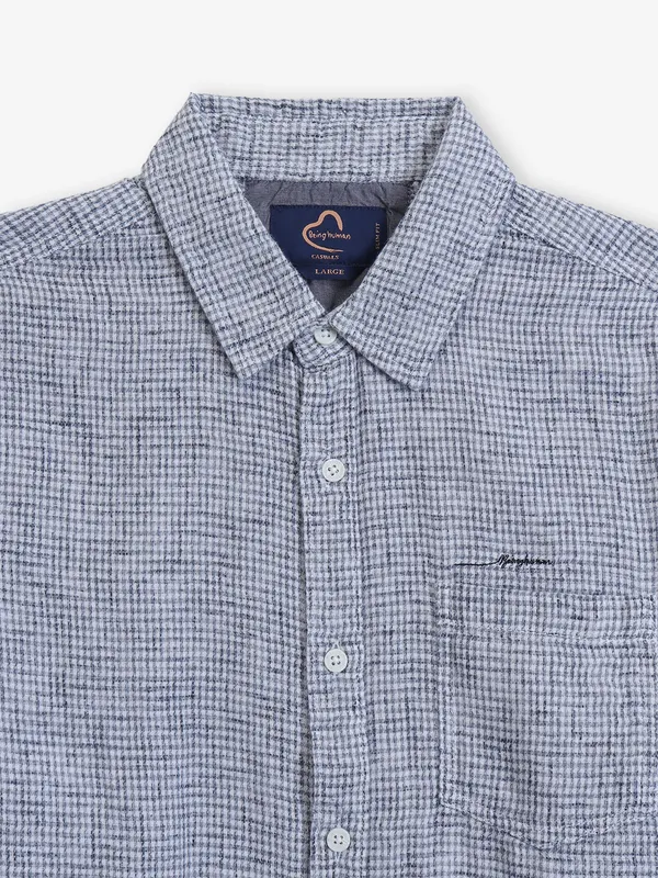 BEING HUMAN textured navy and white cotton shirt