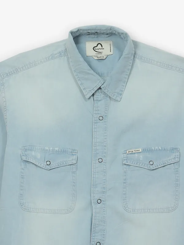 BEING HUMAN washed blue cotton casual wear shirt