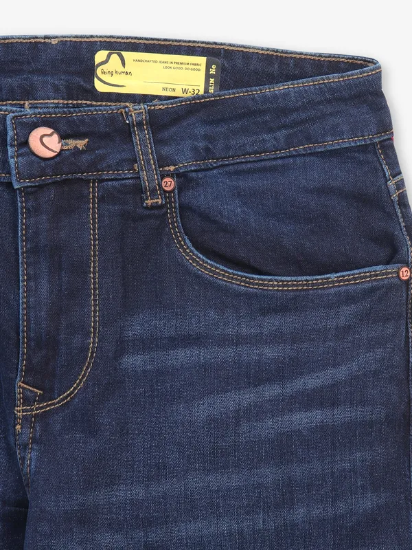 BEING HUMAN washed slim fit jeans in dark blue