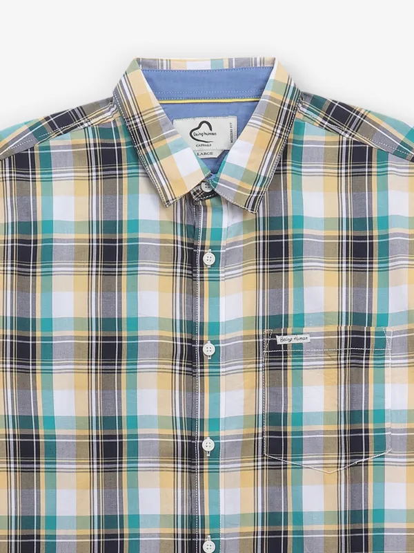 BEING HUMAN yellow and green checks shirt