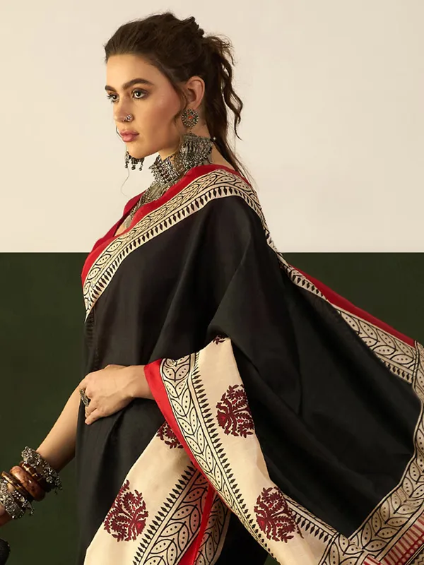 Bhagalpuri silk beige and black saree with print