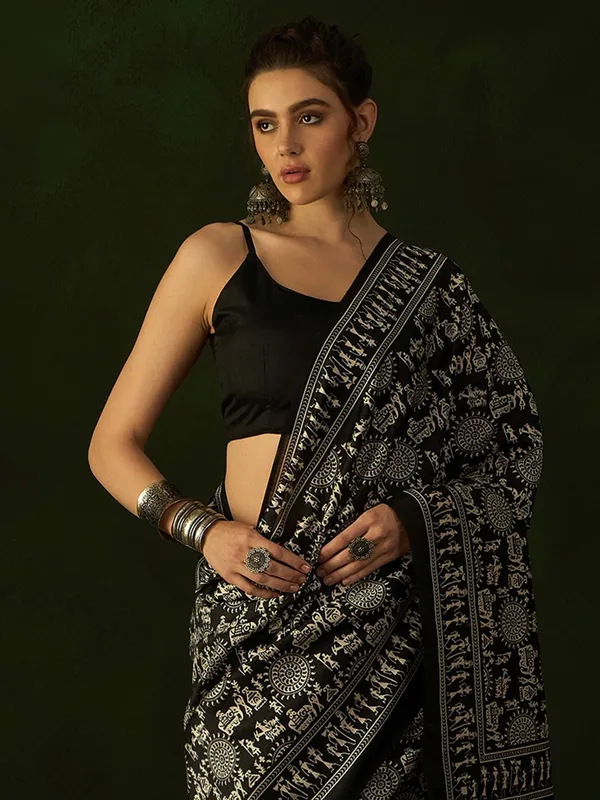 Bhagalpuri silk black saree with print