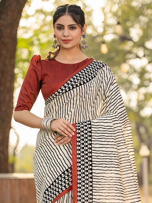 Bhagalpuri silk off white printed saree