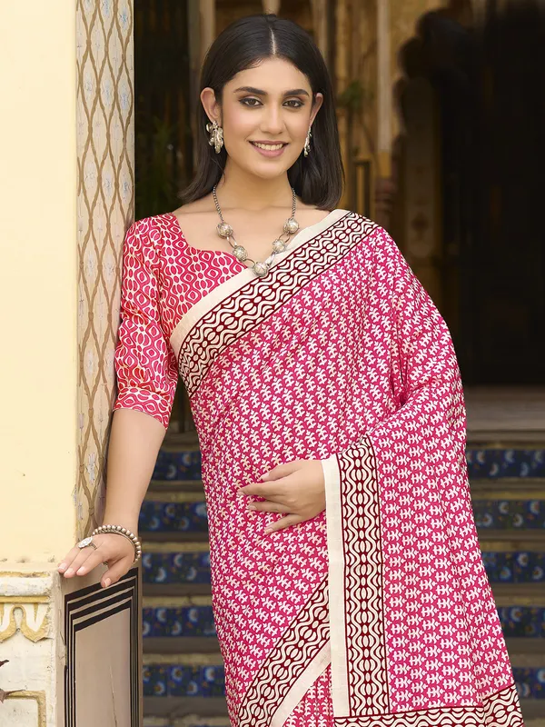 Bhagalpuri silk pink saree with chic print