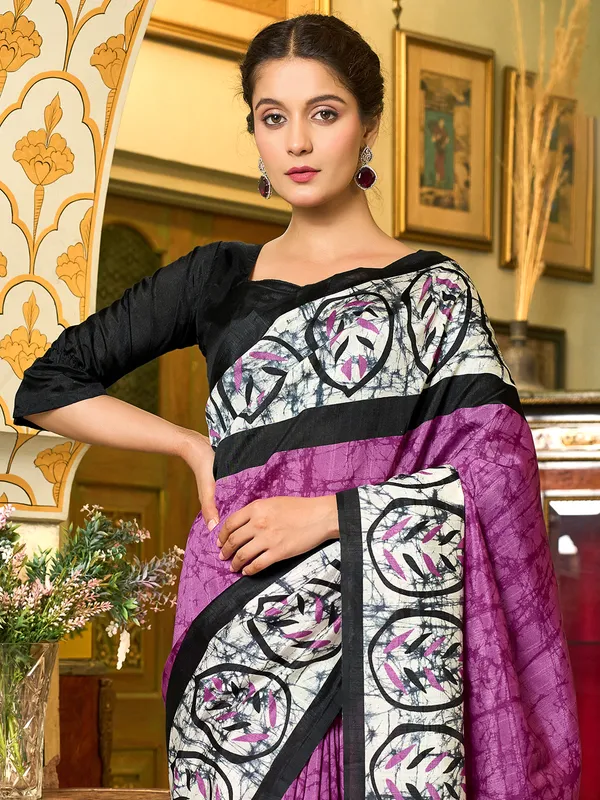 Bhagalpuri silk purple printed saree for festive wear
