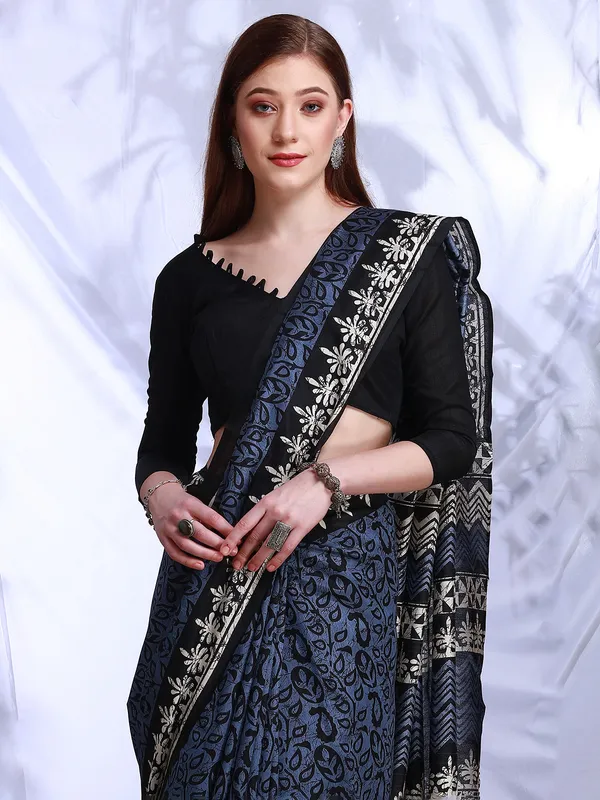 Bhagalpuri silk stone blue printed saree