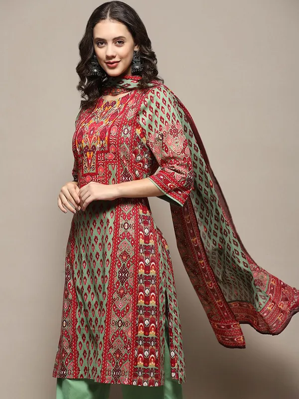 BIBA pista green rayon cotton kurti set