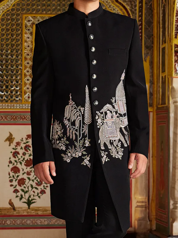 Black all time classy terry rayon indo western for men