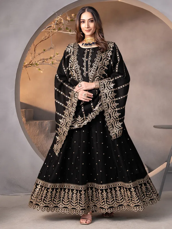 Black anarkali resham work silk salwar suit
