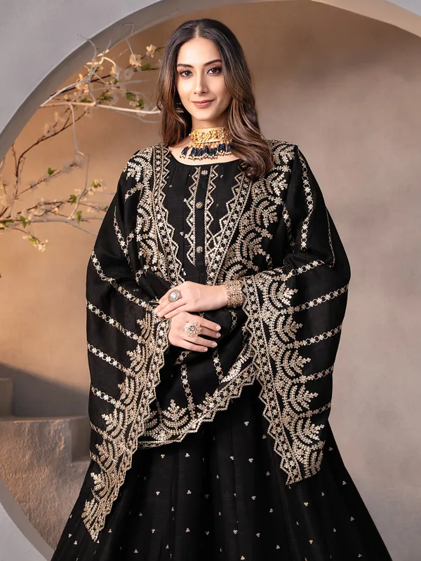 Black anarkali resham work silk salwar suit