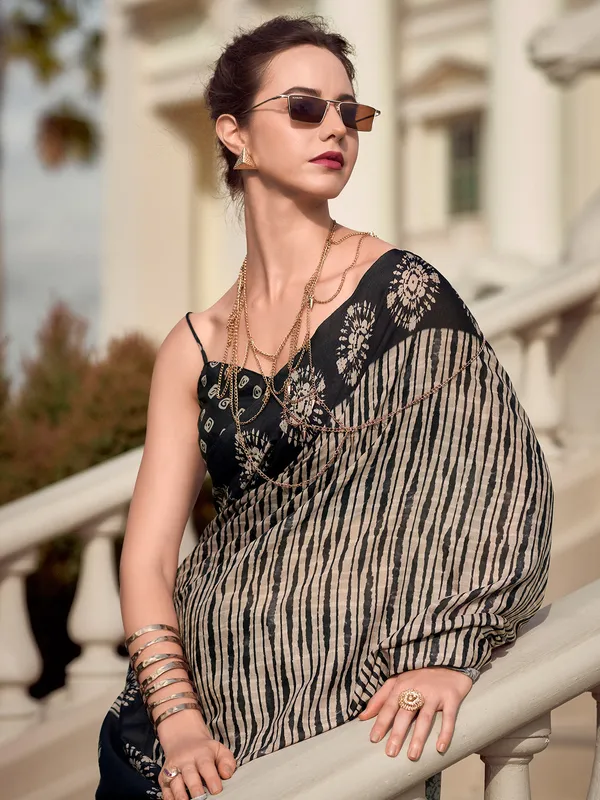 Black and beige malmal silk saree