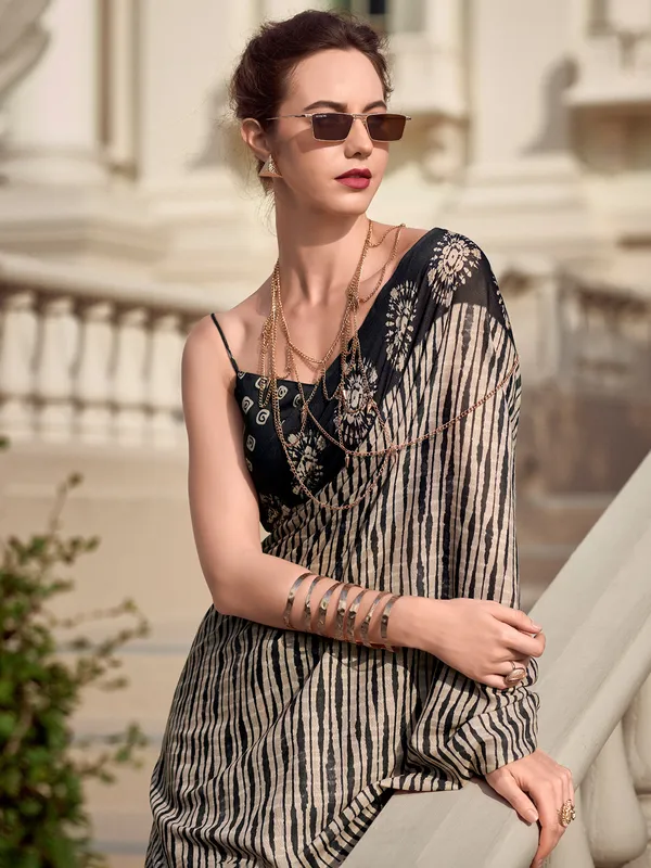 Black and beige malmal silk saree