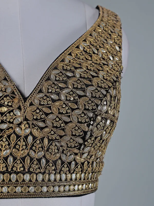 Black and beige satin silk lehenga choli set