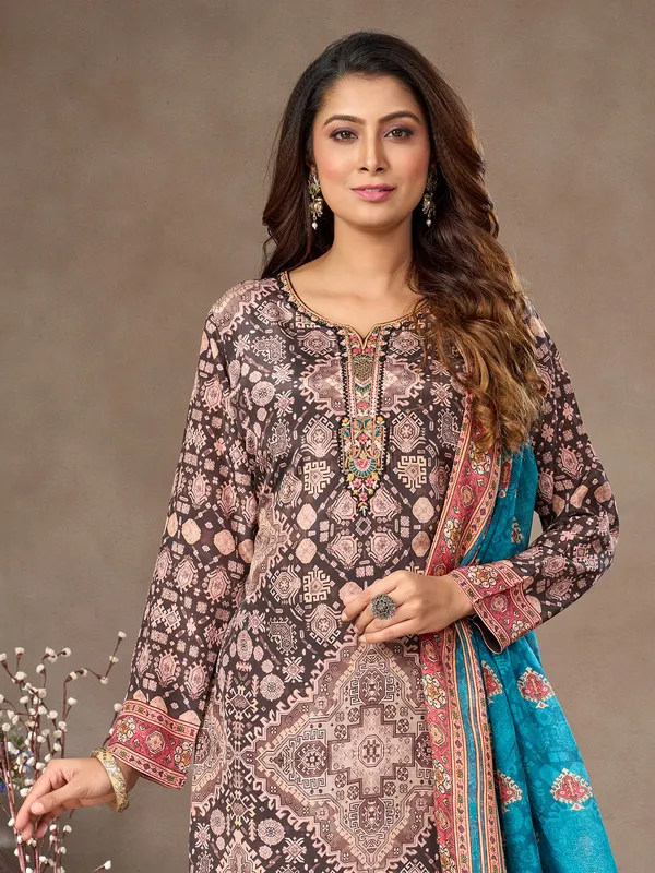 Black and brown silk suit with mirror and thread work