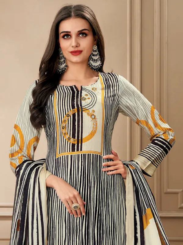 Black and cream printed dola silk salwar suit