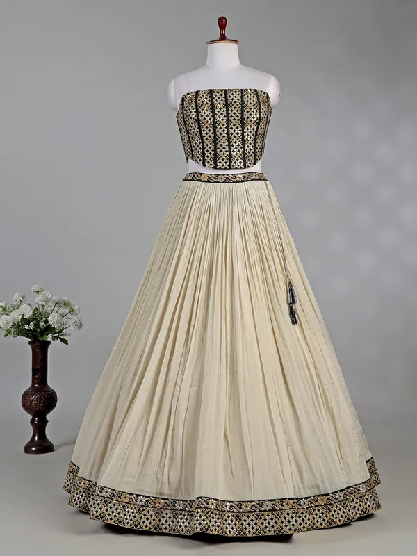 Black and cream silk lehenga choli with resham work