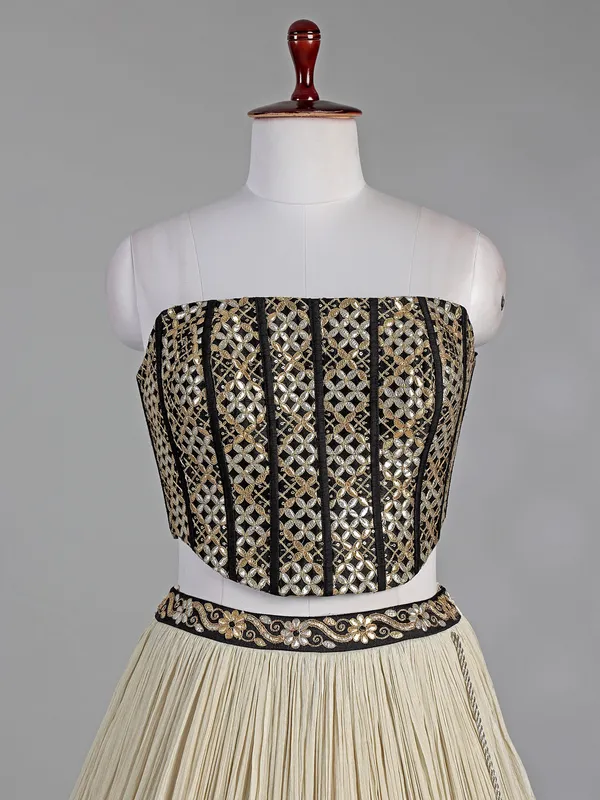 Black and cream silk lehenga choli with resham work