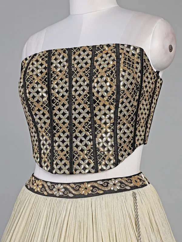 Black and cream silk lehenga choli with resham work