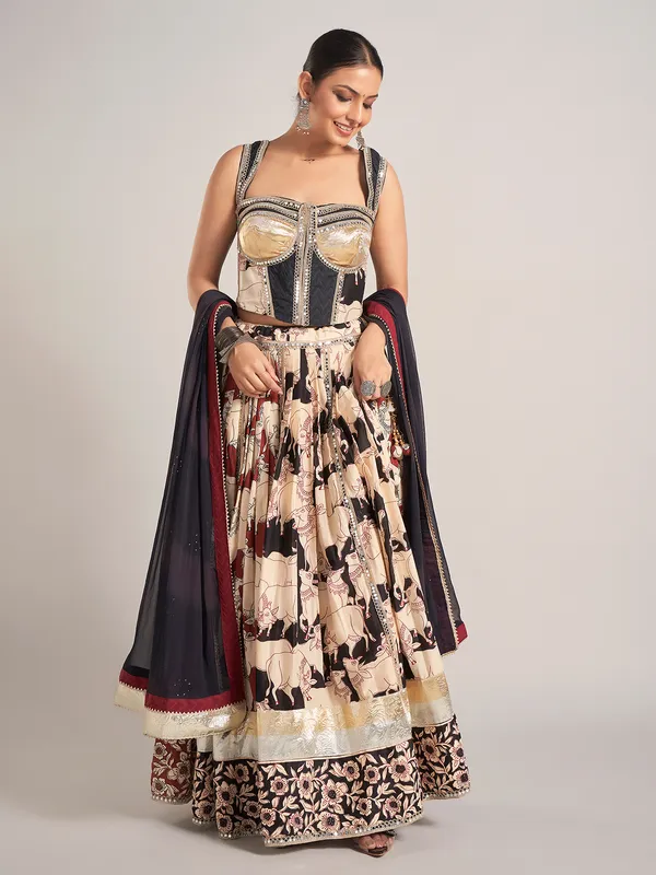 Black and cream silk zardosi work navratri chaniya choli
