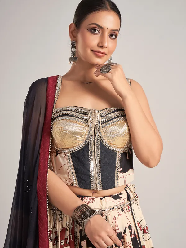 Black and cream silk zardosi work navratri chaniya choli