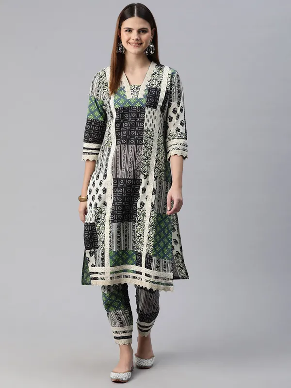 Black and green printed silk kurti set for women