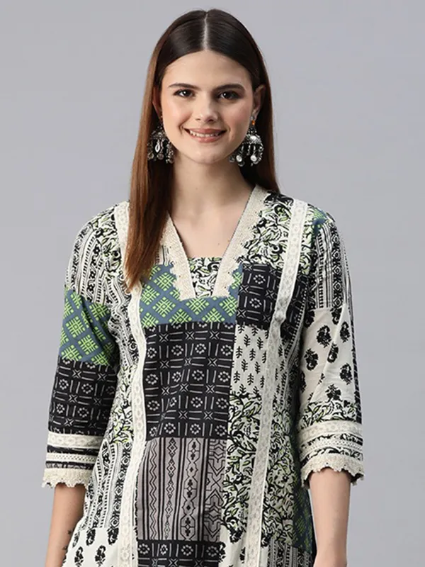 Black and green printed silk kurti set for women