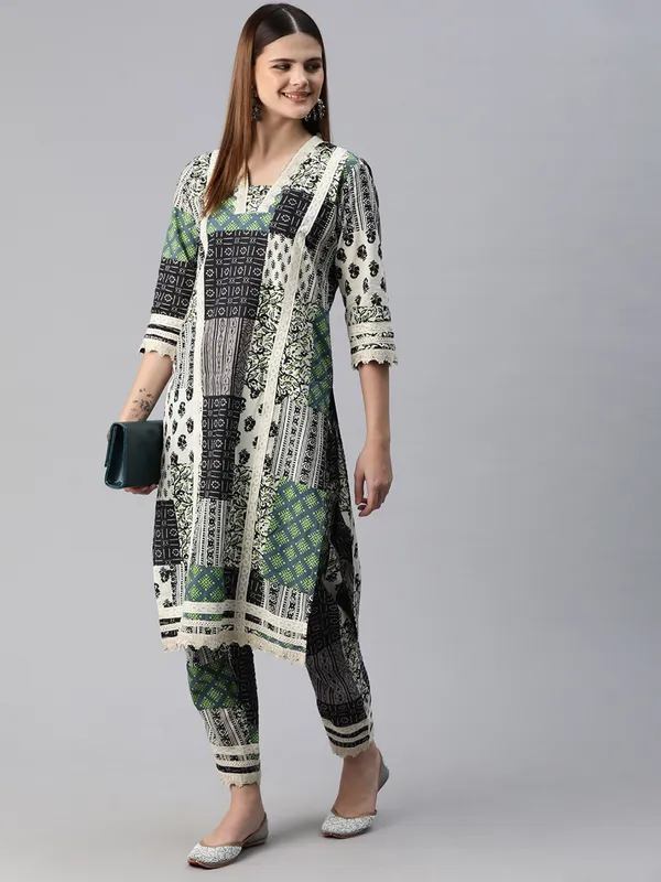 Black and green printed silk kurti set for women
