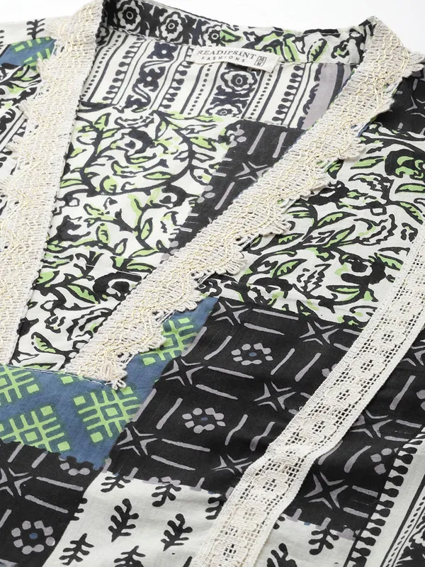 Black and green printed silk kurti set for women