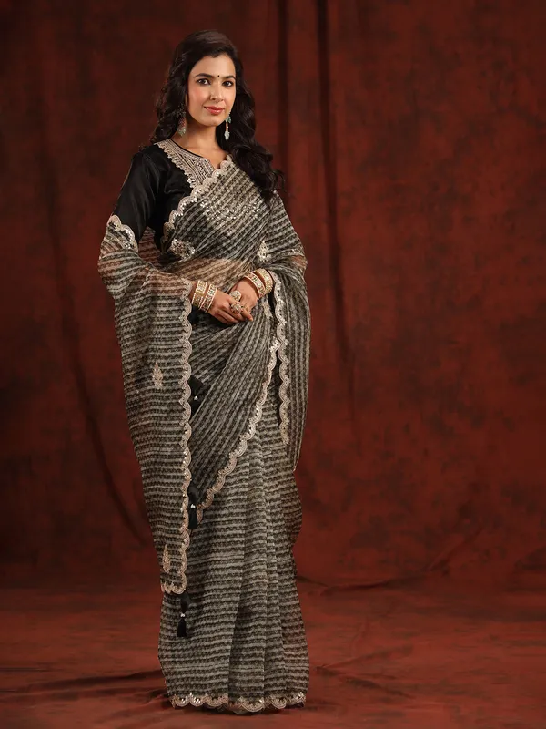 Black and grey printed saree