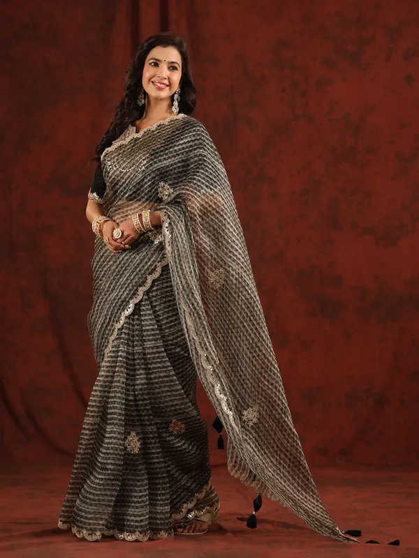 Black and grey printed saree