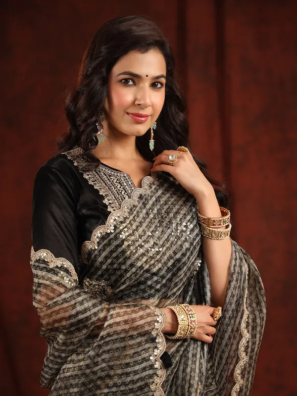 Black and grey printed saree