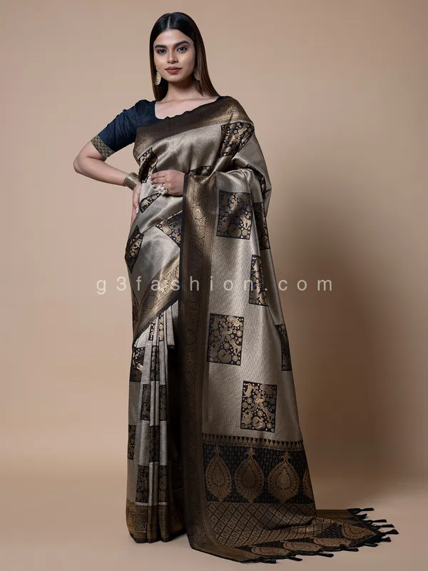 Black and grey silk zari weaving saree