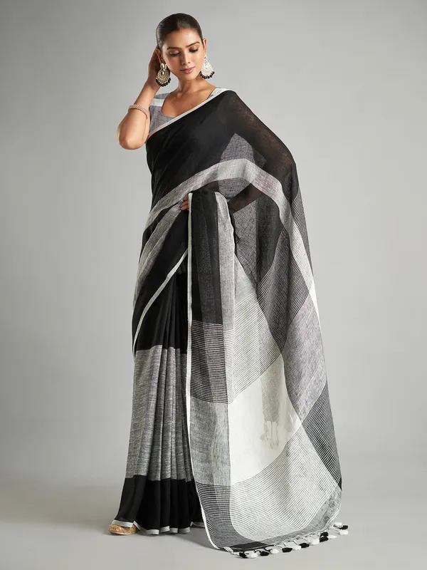 Black and grey stripe cotton linen saree