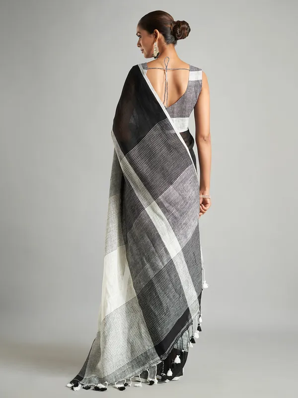 Black and grey stripe cotton linen saree