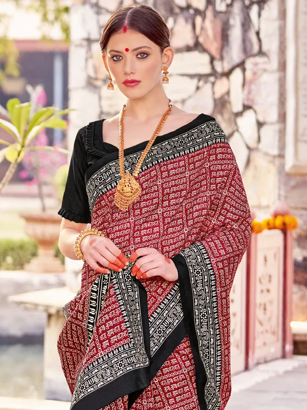 Black and maroon printed bhagalpuri silk saree