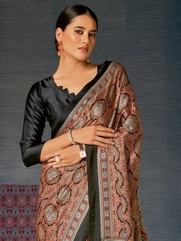 Black and maroon printed crepe saree