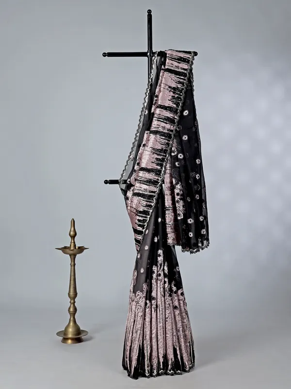 Black and pink designer crepe silk saree with embellishments