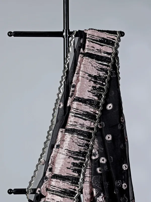 Black and pink designer crepe silk saree with embellishments