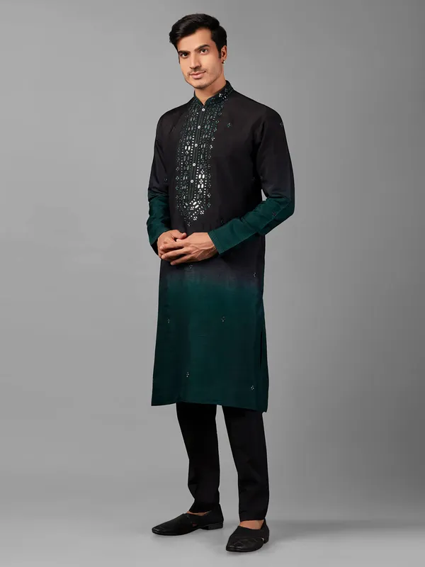 Black and rama blue shaded silk  Men Kurta pajama