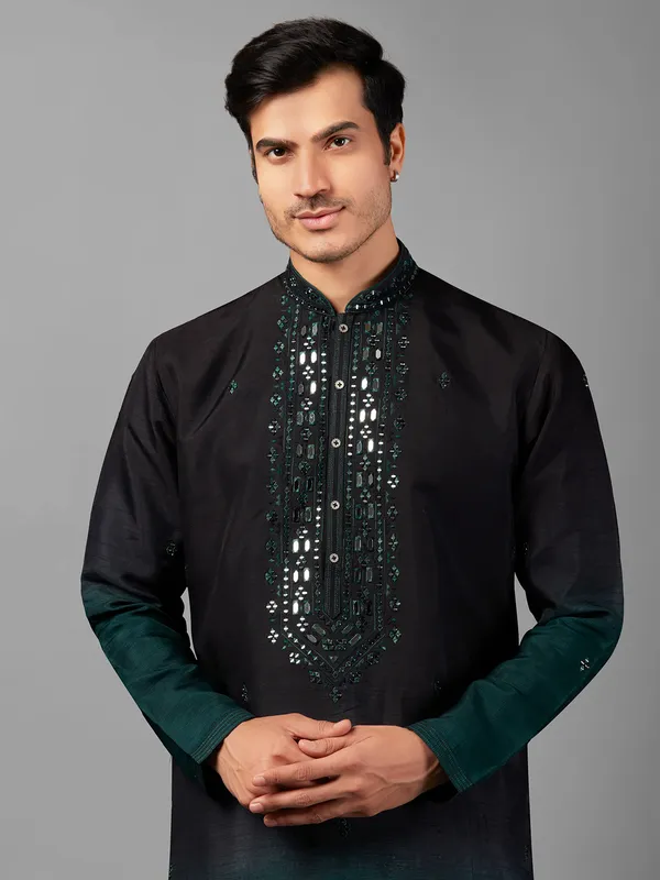 Black and rama blue shaded silk  Men Kurta pajama